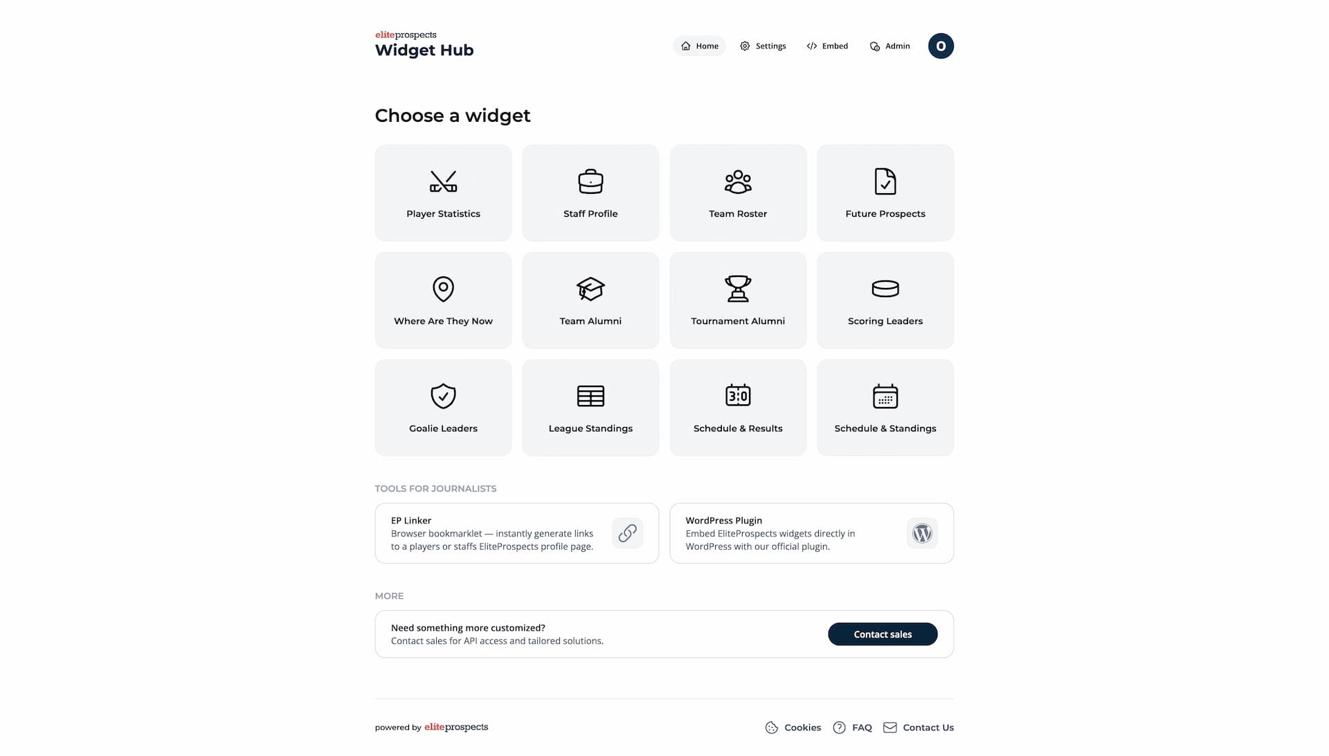An image of EliteProspects Widget Hub in desktop view