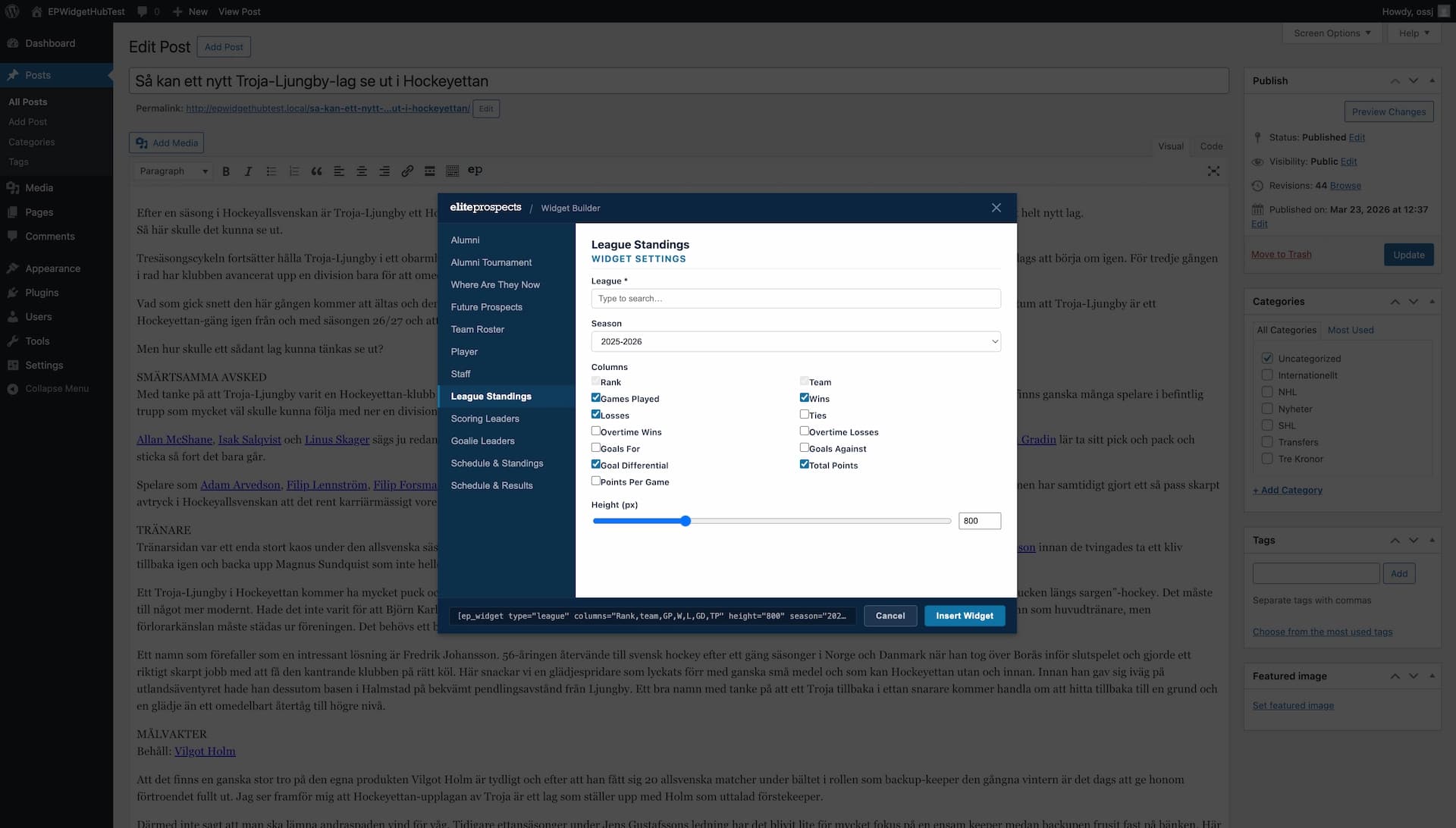 An image of EliteProspects Widget Hub WordPress plugin in desktop view
